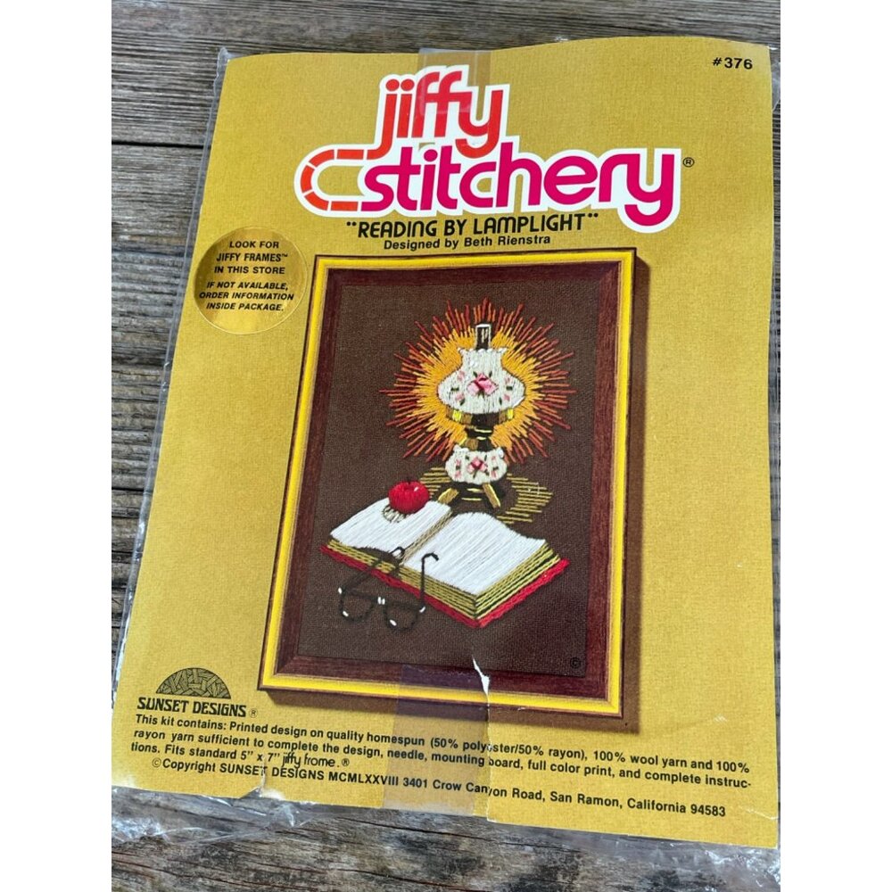 Vintage 1970s Jiffy Stitchery Crewel Embroidery Kit Reading By Lamplight